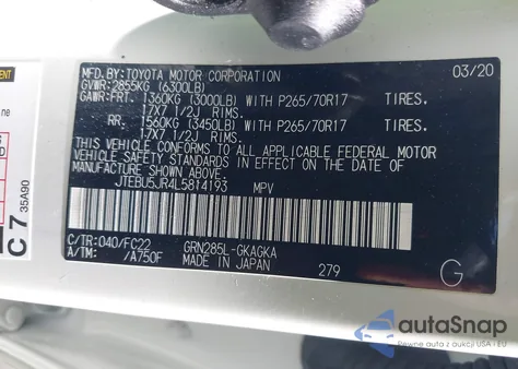 2020 Toyota 4Runner Trd Off Road from USA, damaged, VIN JTEBU5JR4L5814193